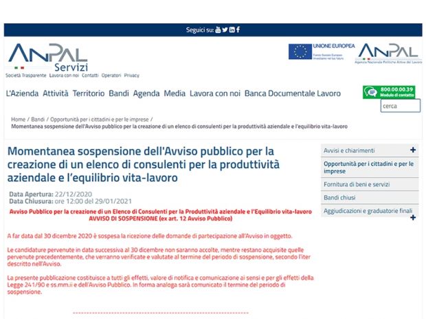 Consulenti aziendali, stop al bando Anpal Servizi