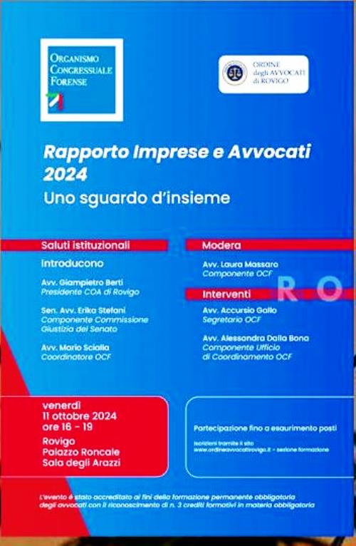 A Rovigo l’Ocf presenta il rapporto “Imprese e Avvocati”